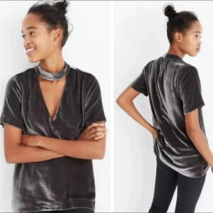 Madewell Velvet Silk Blend Choker Top Short Sleeve Blouse Shirt XXS Charcoal